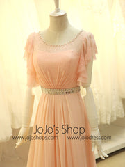 Modest Blush Pink Formal Pageant Evening Dress with Sleeves