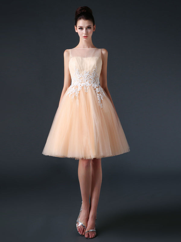 Modest Knee Length Tulle Prom Formal Dress CC3004