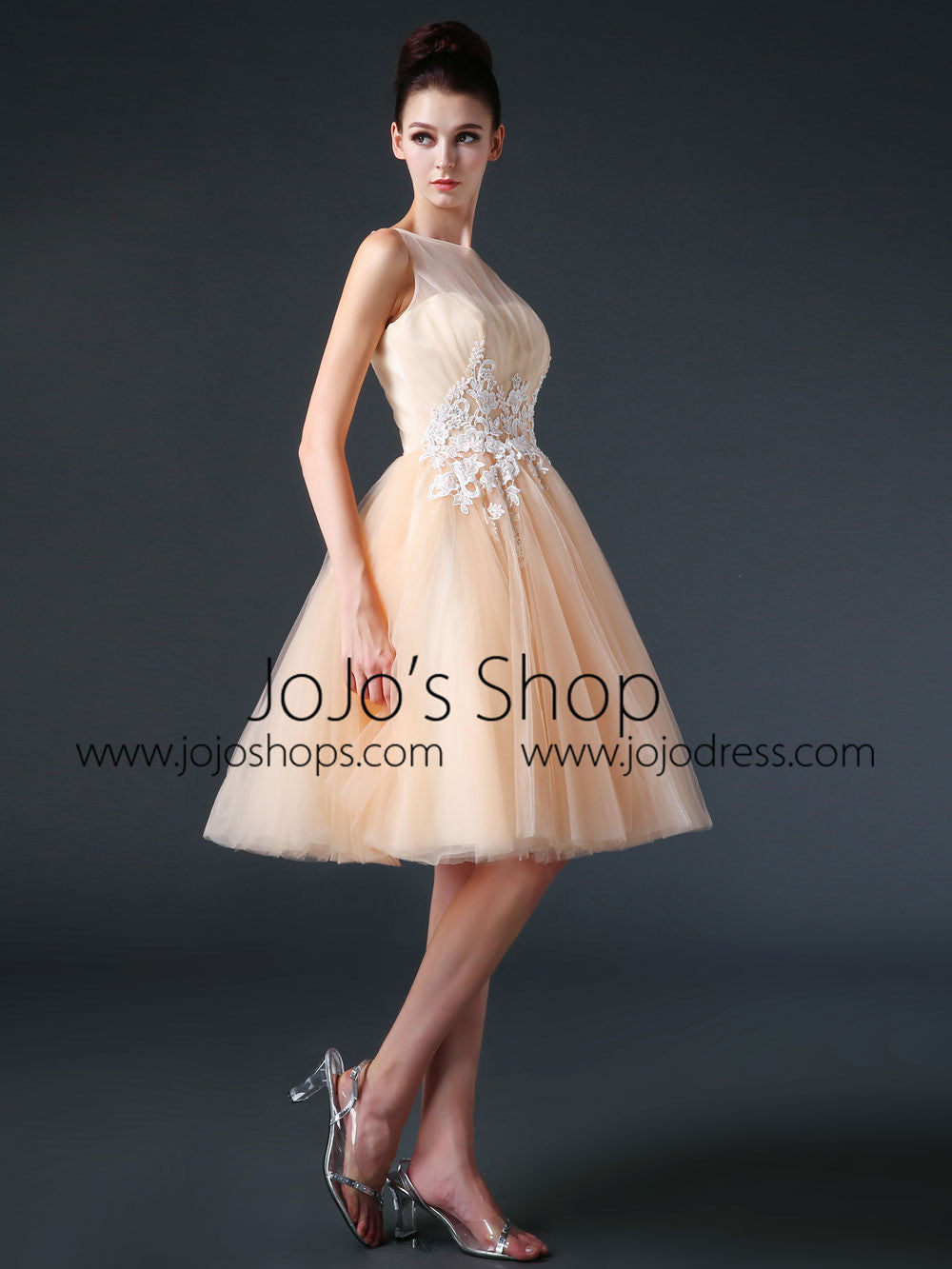 Modest Knee Length Tulle Prom Formal Dress CC3004 Size 16 / Champagne Modest Knee Length Tulle Prom Formal Dress CC3004 Size 16 / Champagne