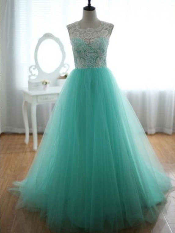 Turquoise Modest Lace Tulle Formal Prom Evening Dress G2014