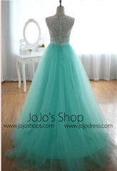 Turquoise Modest Lace Tulle Formal Prom Evening Dress G2014