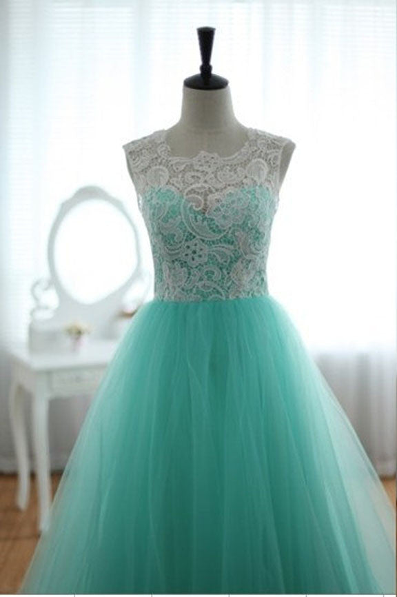 Turquoise Modest Lace Tulle Formal Prom Evening Dress G2014