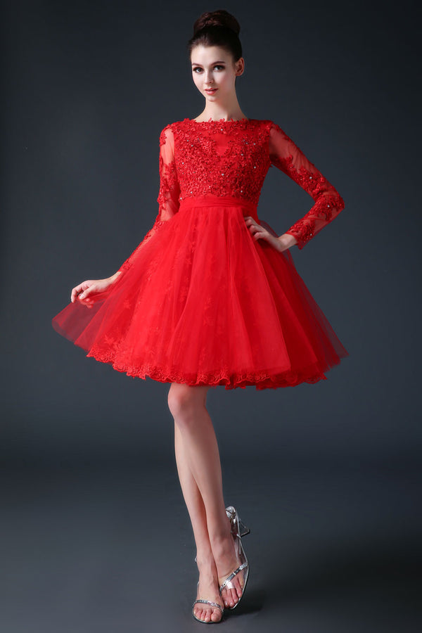 Red Modest Long Sleeves Short Cocktail Prom Dress CC3001