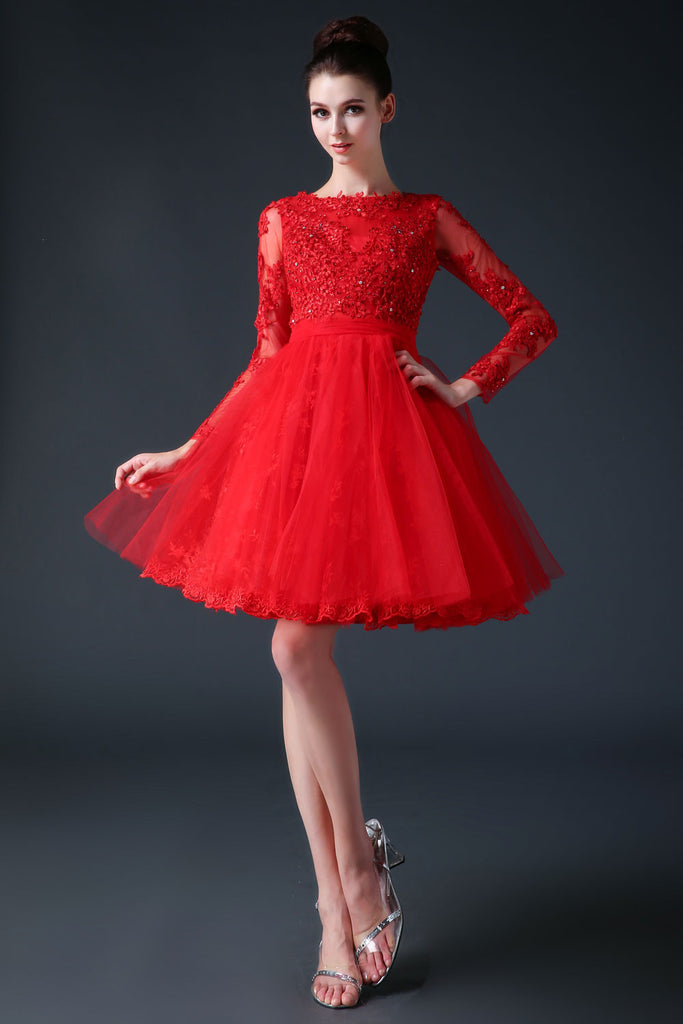 fitted lace wedding dress Red Modest Long Sleeves Short Cocktail Prom Dress CC3001 Size 10 / Other