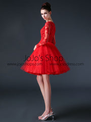 Red Modest Long Sleeves Short Cocktail Prom Dress CC3001