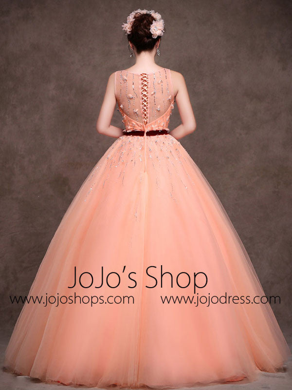 Modest Peach Tulle Quinceanera Ball Gown Formal Evening Prom Dress X008 Size 2 / Peach Modest Peach Tulle Quinceanera Ball Gown Formal Evening Prom Dress X008 Size 2 / Peach