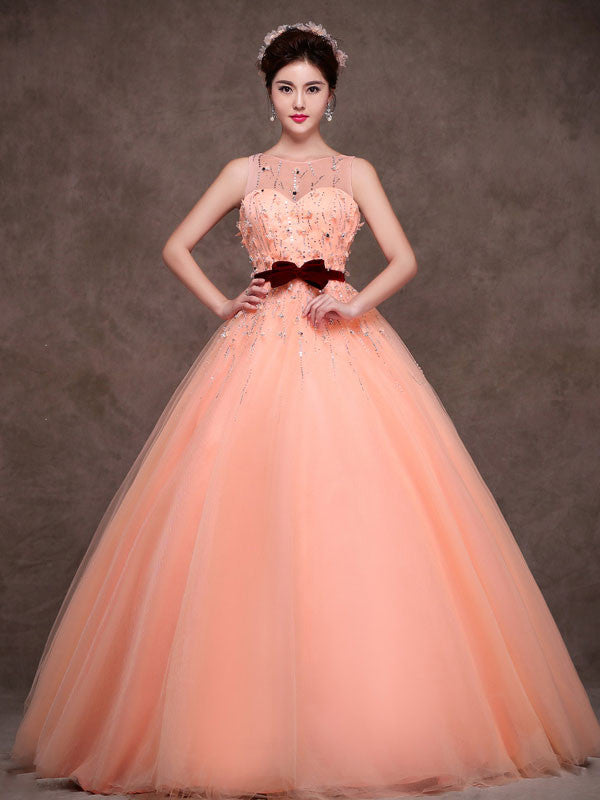 Modest Peach Tulle Quinceanera Ball Gown Formal Evening Prom Dress X008