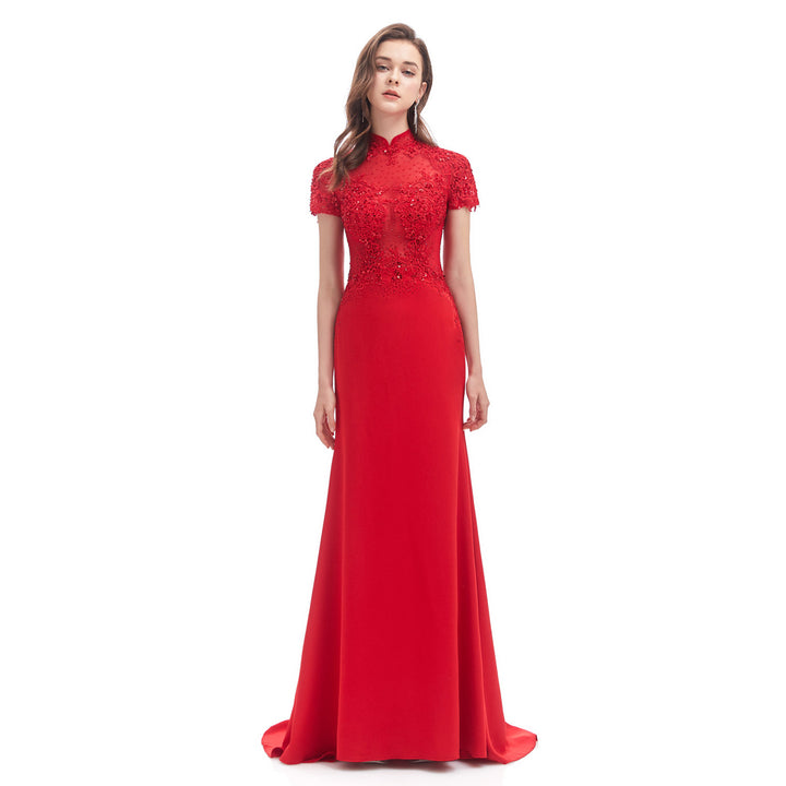 Red Fitted Floor Length Formal Dress with Mandarin Collar EN4615