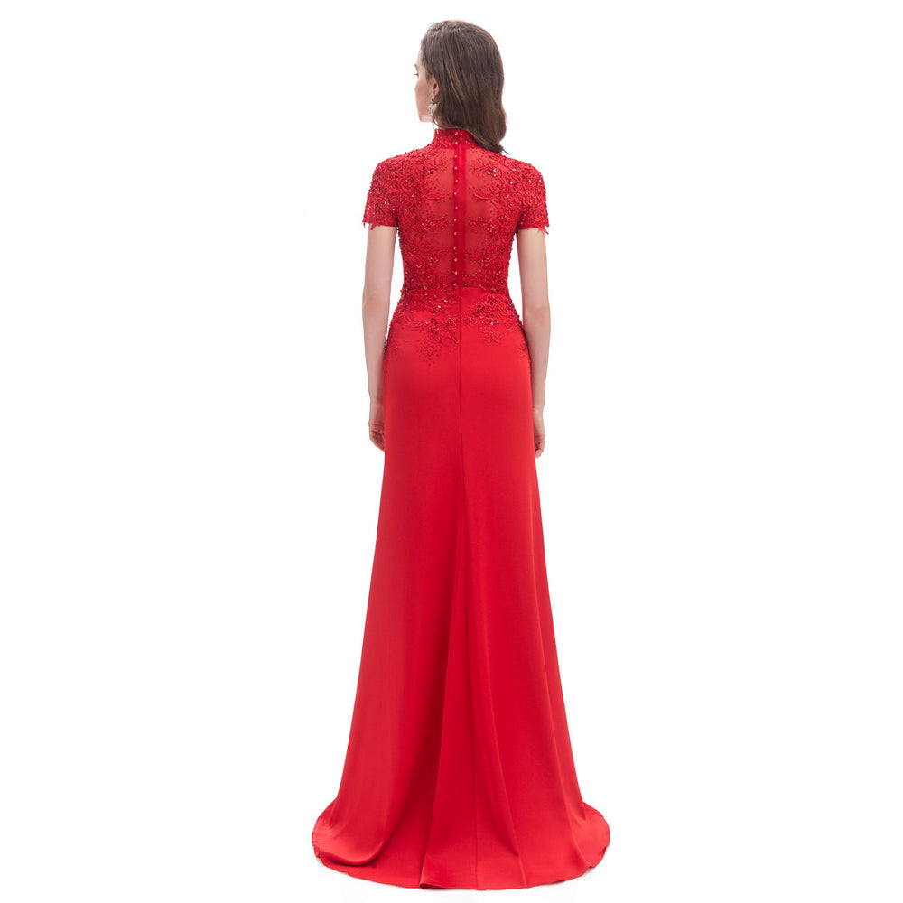 Red Fitted Floor Length Formal Dress with Mandarin Collar EN4615