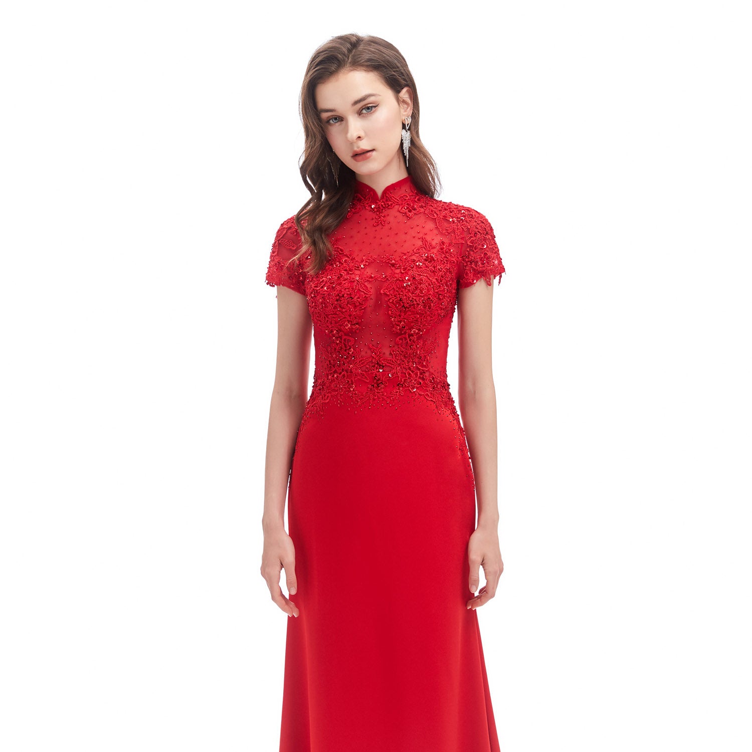 mandarin collar evening dress Mandarin Collar Long Sleeve A-Line Velvet Oriental Evening Dress Black / XS