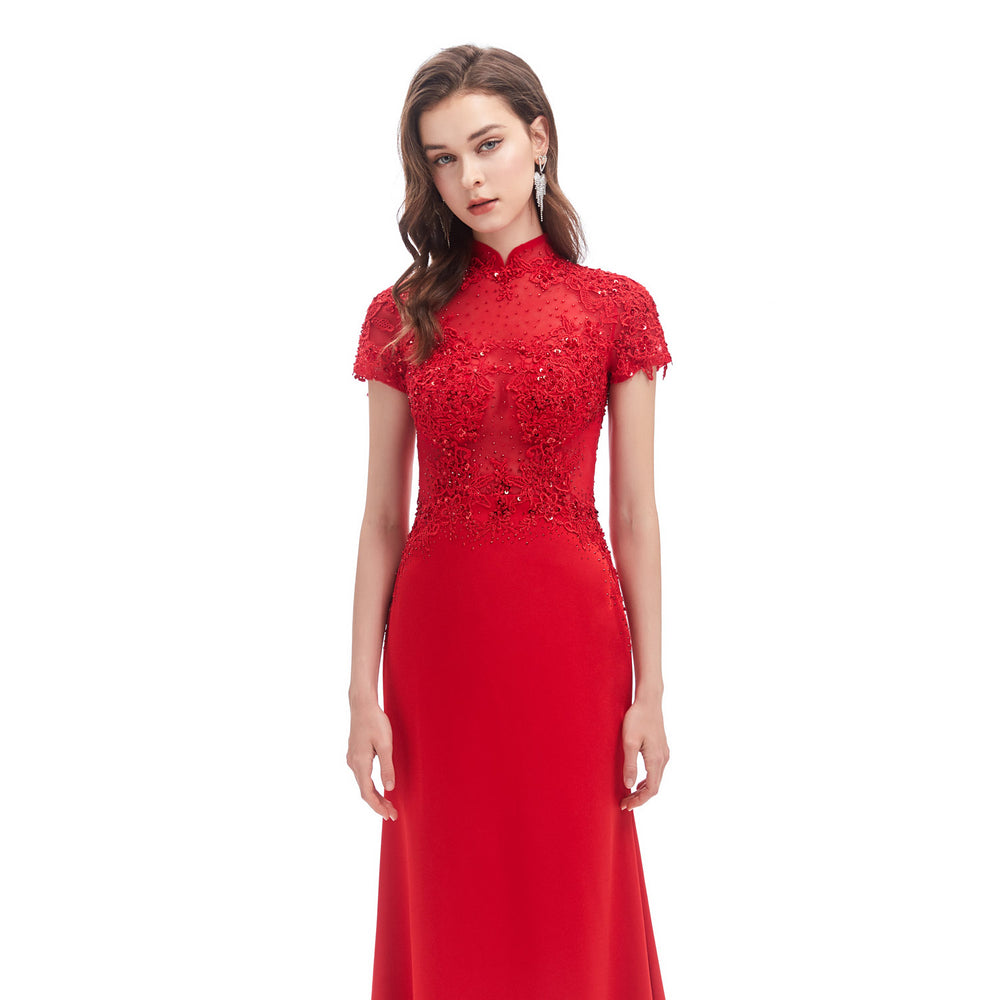 Red Fitted Floor Length Formal Dress with Mandarin Collar EN4615
