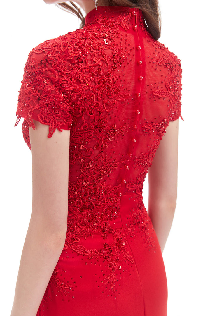 Red Fitted Floor Length Formal Dress with Mandarin Collar EN4615