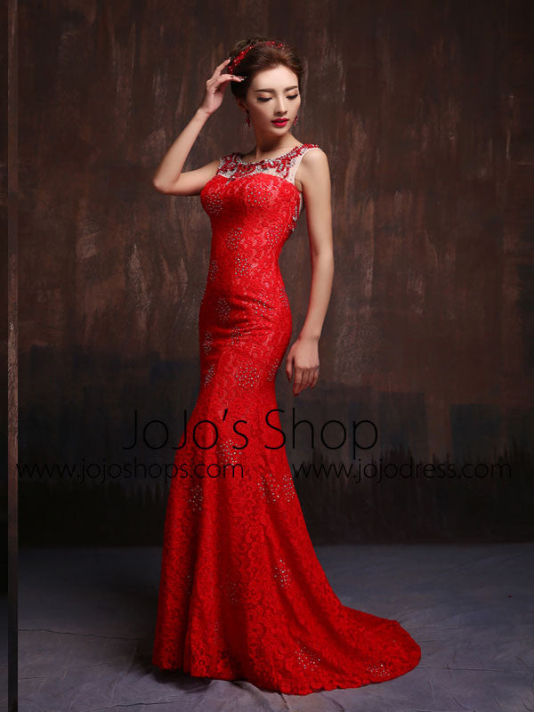 Modest Scarlet Red Fitted Lace Wedding Gown Prom Dress Formal Evening Gown X015 Size 10 / Red Modest Scarlet Red Fitted Lace Wedding Gown Prom Dress Formal Evening Gown X015 Size 10 / Red