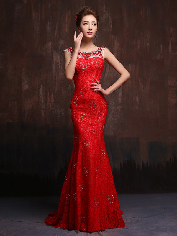 Modest Scarlet Red Fitted Lace Wedding Gown Prom Dress Formal Evening Gown X015