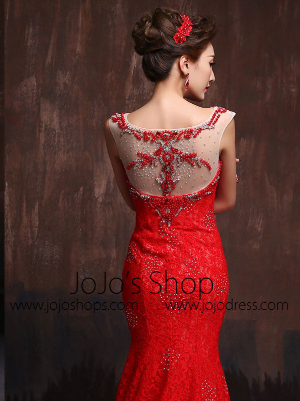 Modest Scarlet Red Fitted Lace Wedding Gown Prom Dress Formal Evening Gown X015 Size 10 / Red Modest Scarlet Red Fitted Lace Wedding Gown Prom Dress Formal Evening Gown X015 Size 10 / Red