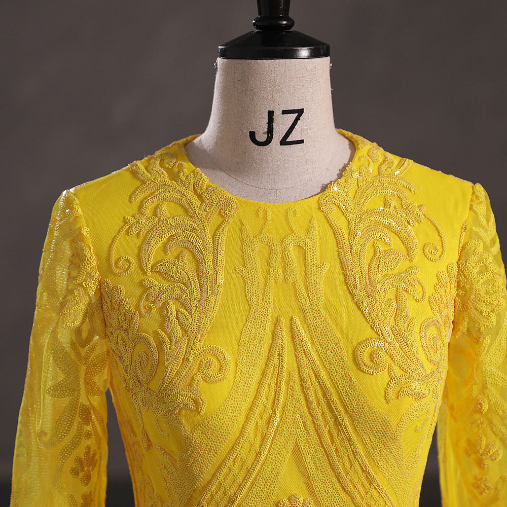 Modest Yellow Sequins Slim Formal Prom Dress with Detachable Train EN5412