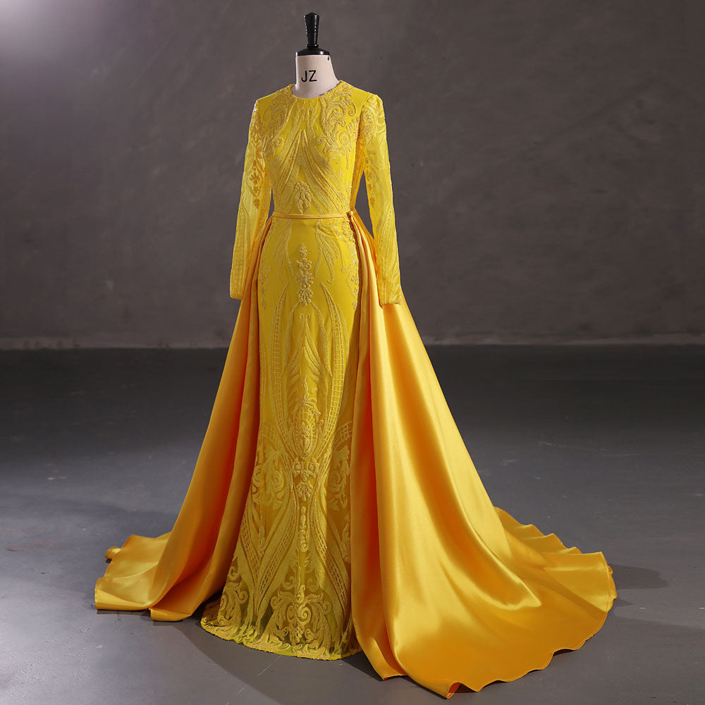 Modest Yellow Sequins Slim Formal Prom Dress with Detachable Train EN5412