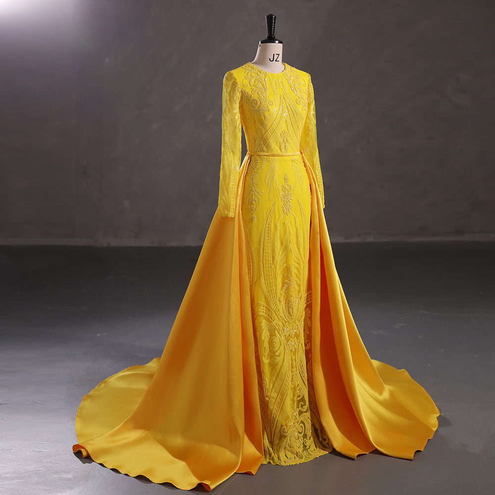 Modest Yellow Sequins Slim Formal Prom Dress with Detachable Train EN5412