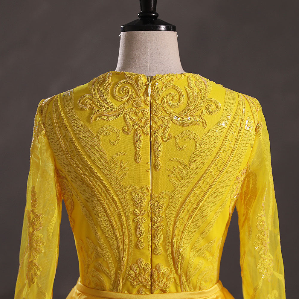 Modest Yellow Sequins Slim Formal Prom Dress with Detachable Train EN5412