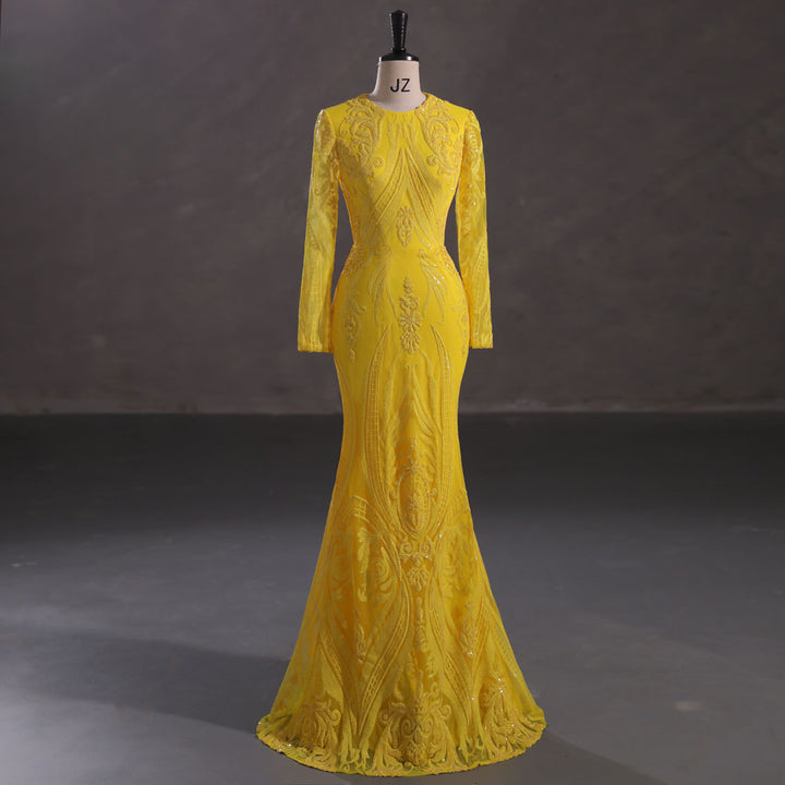 Modest Yellow Sequins Slim Formal Prom Dress with Detachable Train EN5412
