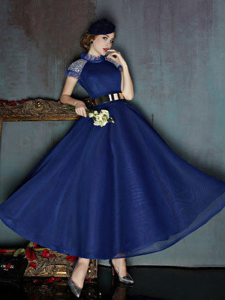 Dark Blue Short Sleeves Modest Ankle Length Evening Prom Formal Dress | X037