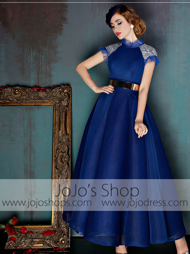 Dark Blue Short Sleeves Modest Ankle Length Evening Prom Formal Dress | X037