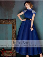 Dark Blue Short Sleeves Modest Ankle Length Evening Prom Formal Dress | X037