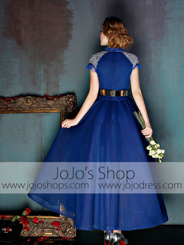 Dark Blue Short Sleeves Modest Ankle Length Evening Prom Formal Dress | X037