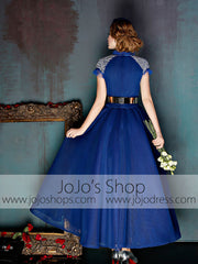 Dark Blue Short Sleeves Modest Ankle Length Evening Prom Formal Dress | X037