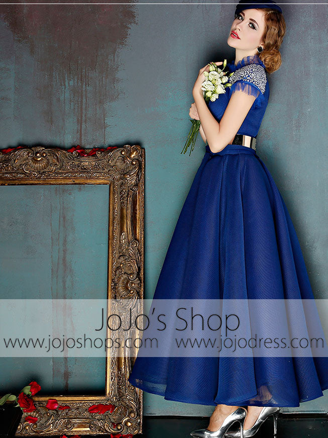 Dark Blue Short Sleeves Modest Ankle Length Evening Prom Formal Dress | X037