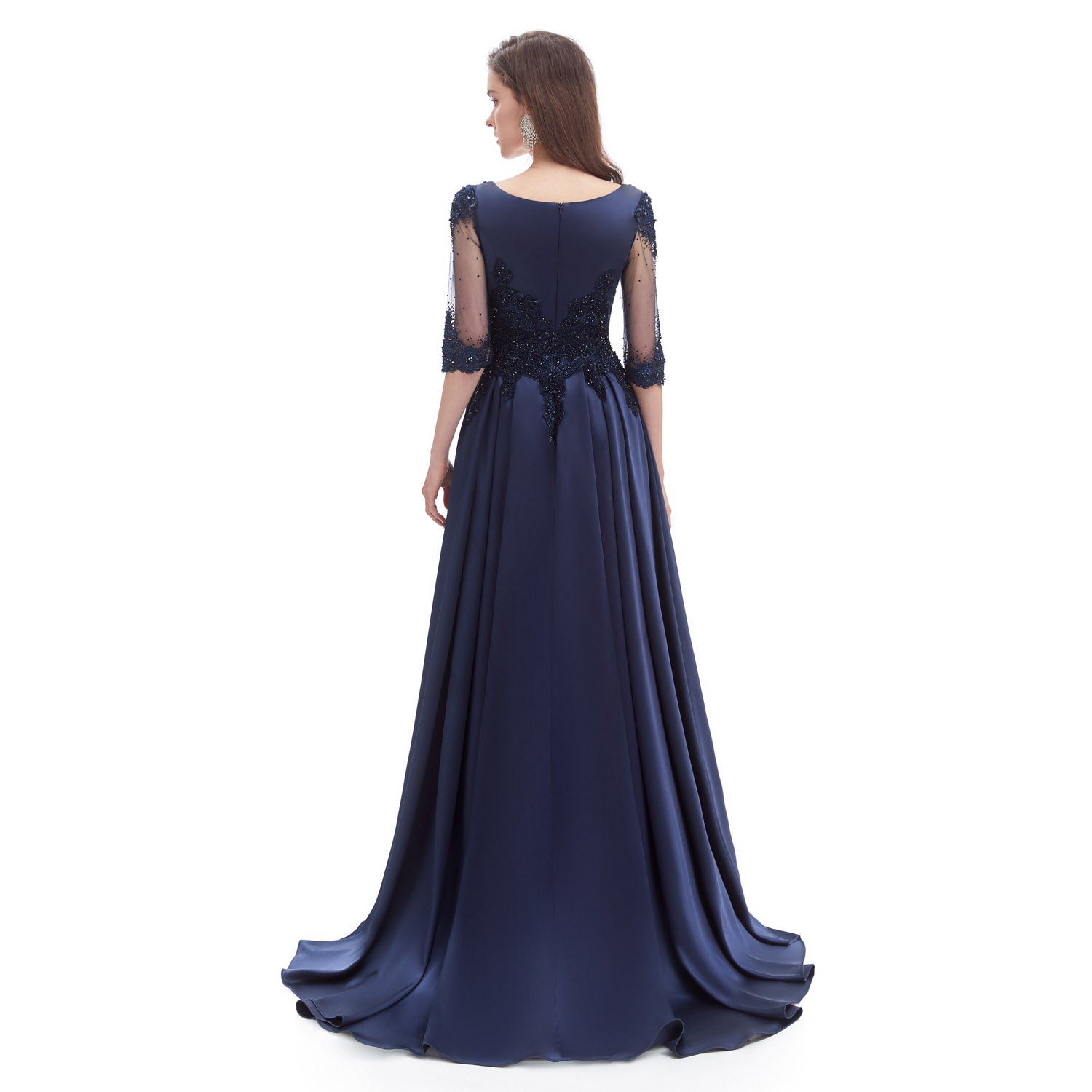 Midnight Navy Blue Formal Evening Dress with Sleeves EN4617