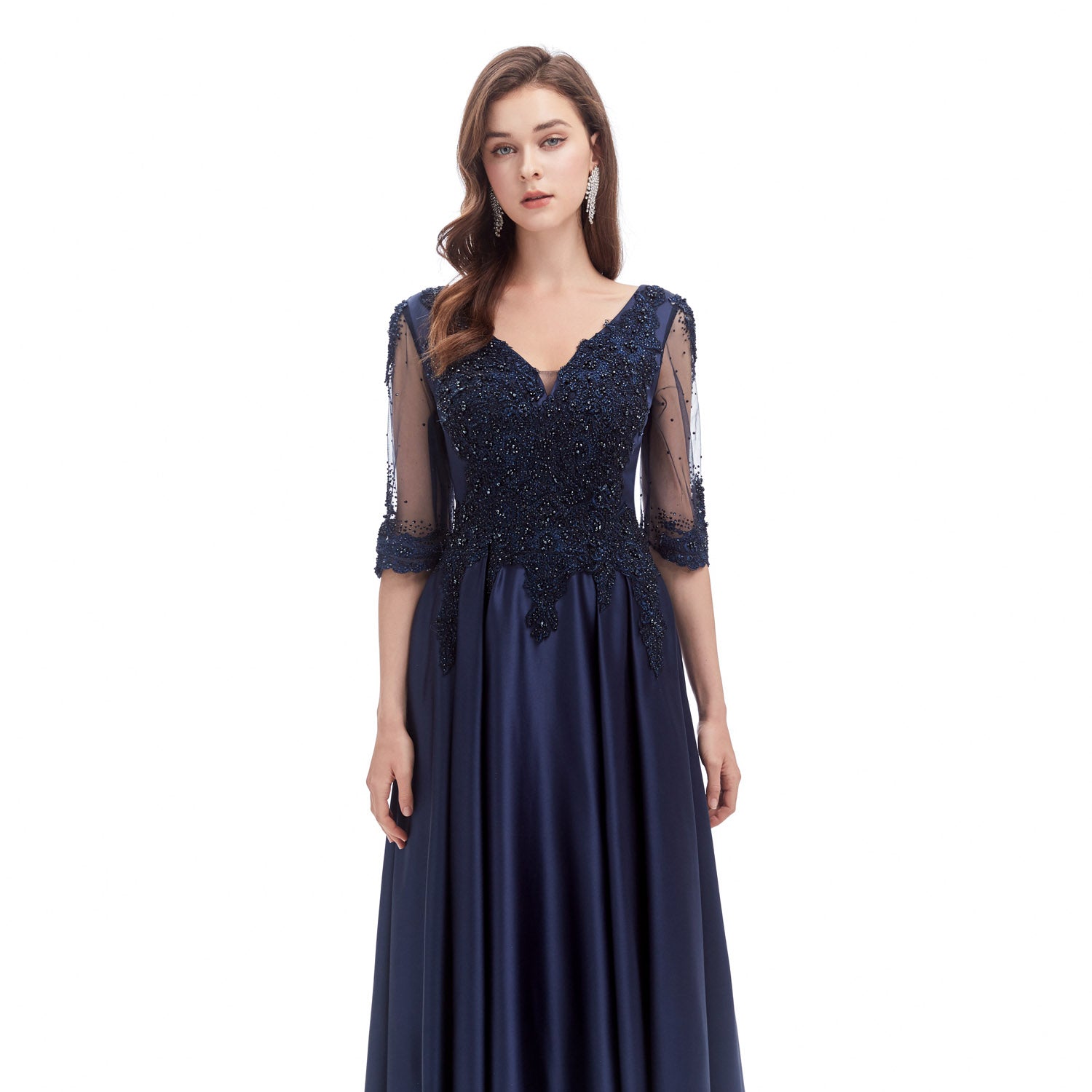 Midnight Navy Blue Formal Evening Dress with Sleeves EN4617