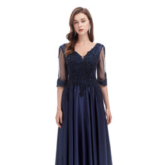 Midnight Navy Blue Formal Evening Dress with Sleeves EN4617