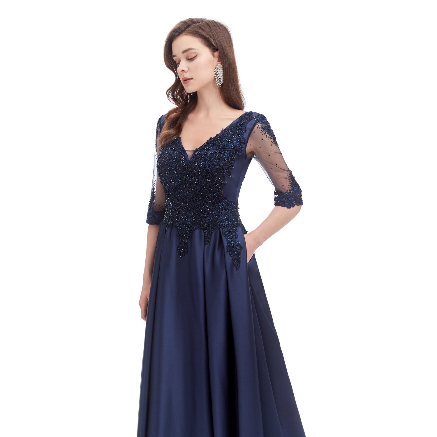 Midnight Navy Blue Formal Evening Dress with Sleeves EN4617