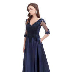 Midnight Navy Blue Formal Evening Dress with Sleeves EN4617