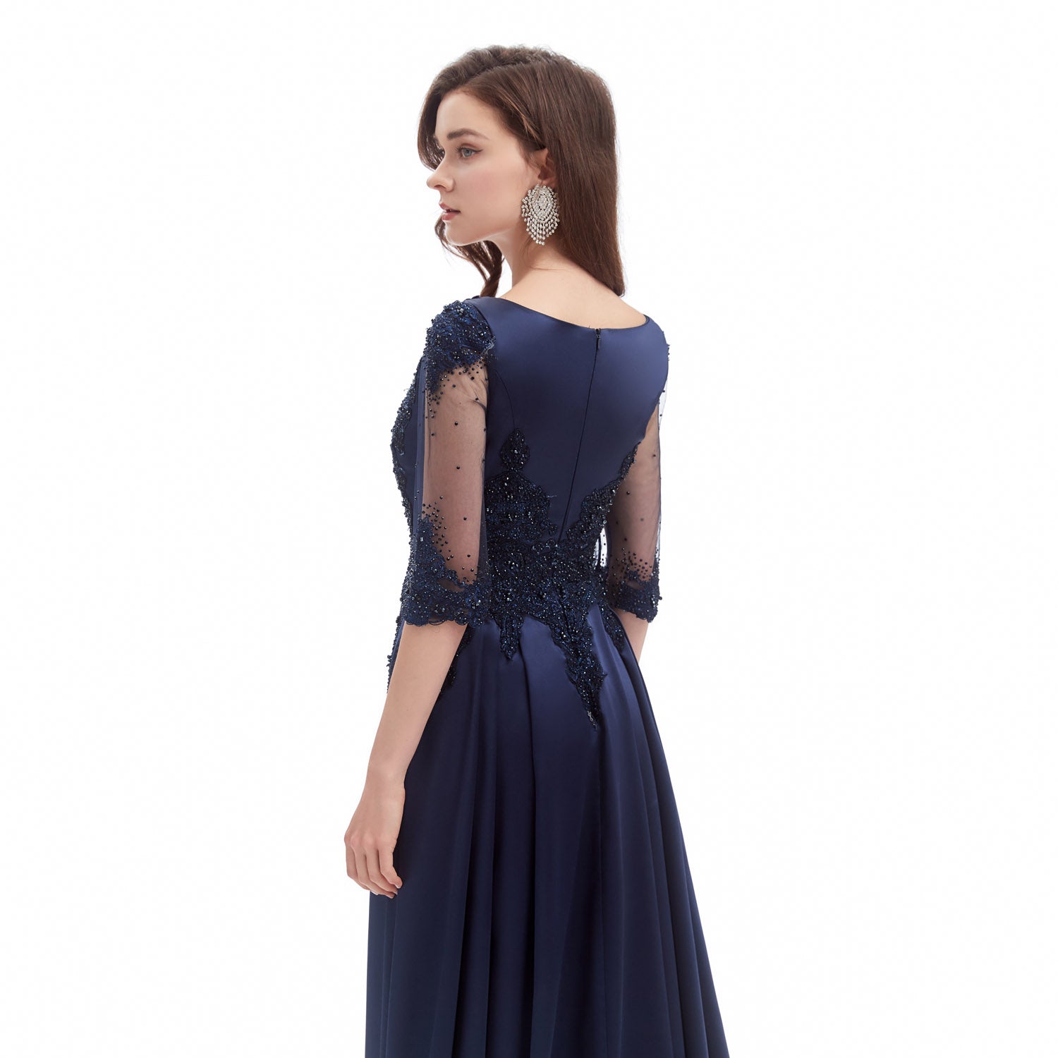 Midnight Navy Blue Formal Evening Dress with Sleeves EN4617