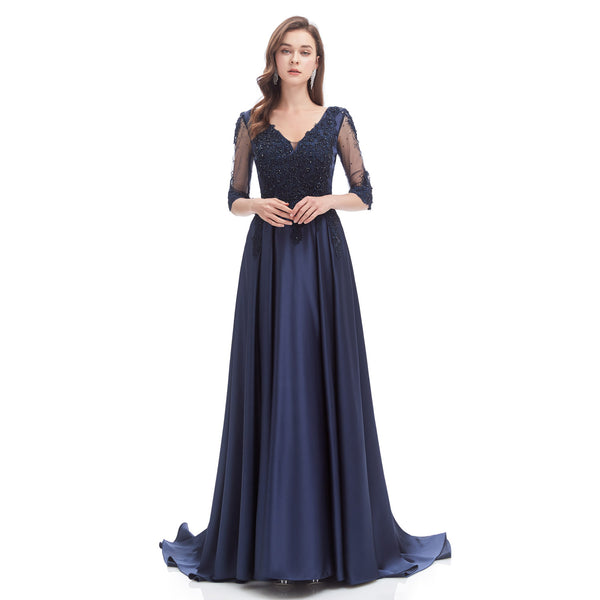Midnight Navy Blue Formal Evening Dress with Sleeves EN4617