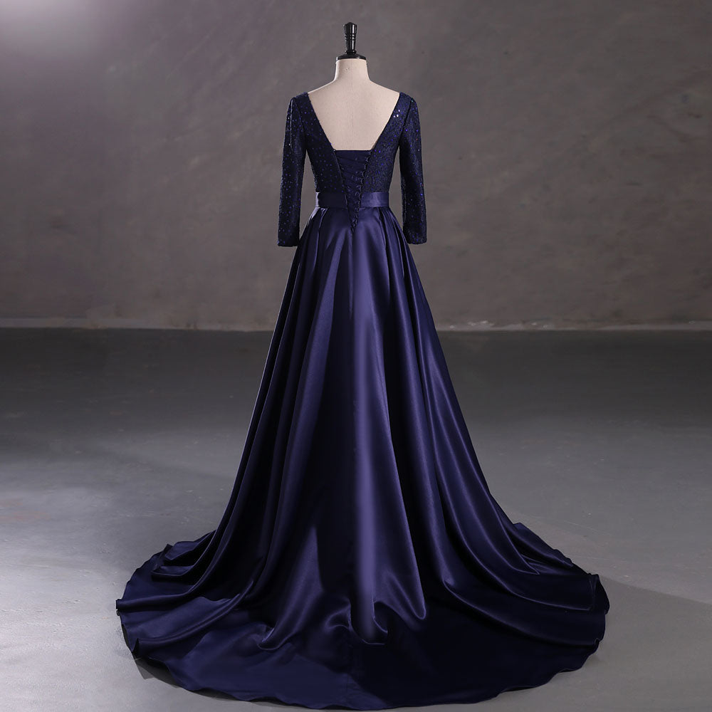 Navy Blue Satin Lace Ball Gown Formal Prom Dress EN5407
