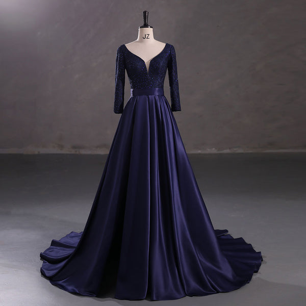 Navy Blue Satin Lace Ball Gown Formal Prom Dress EN5407