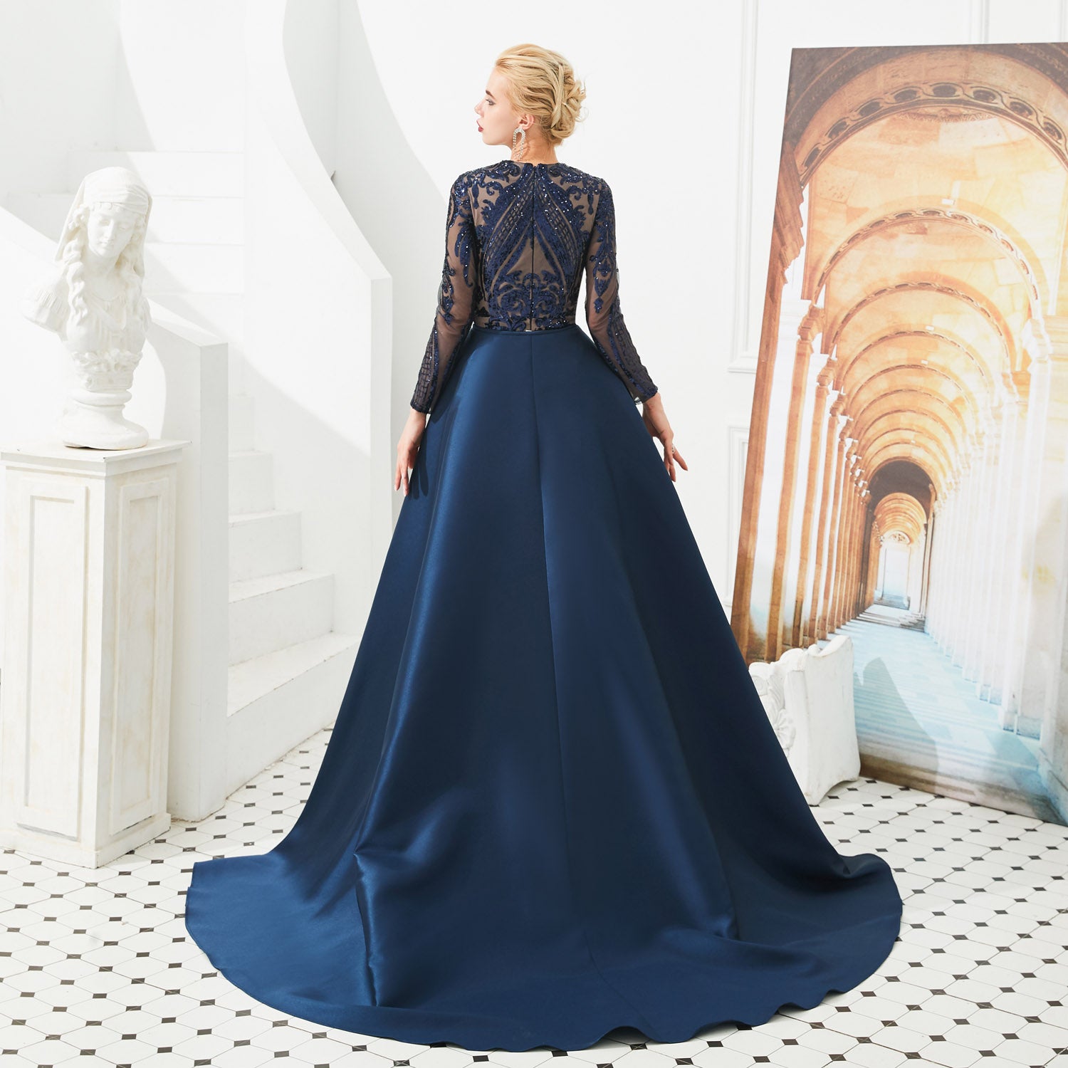 Modest Navy Sequins Formal Gala Prom Evening Dress EN4813