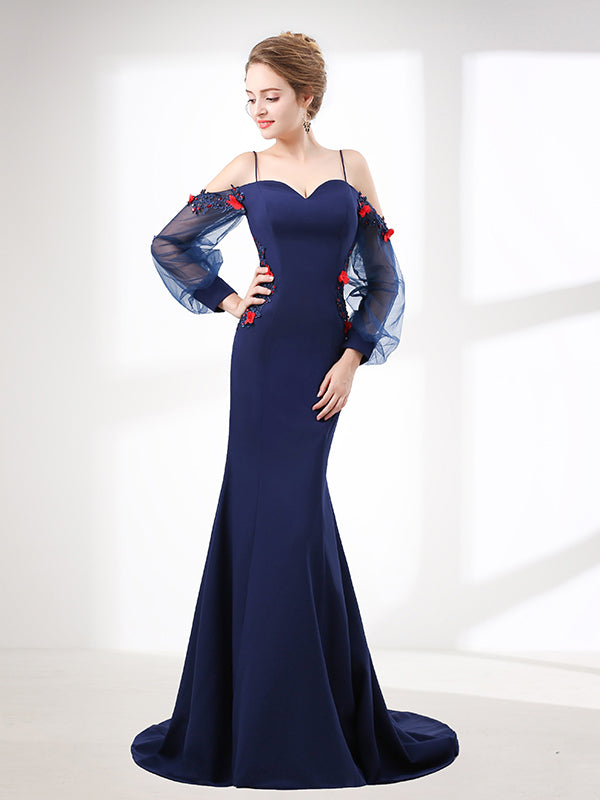 Navy Blue Off Shoulder Mermaid Formal Prom Evening Dress