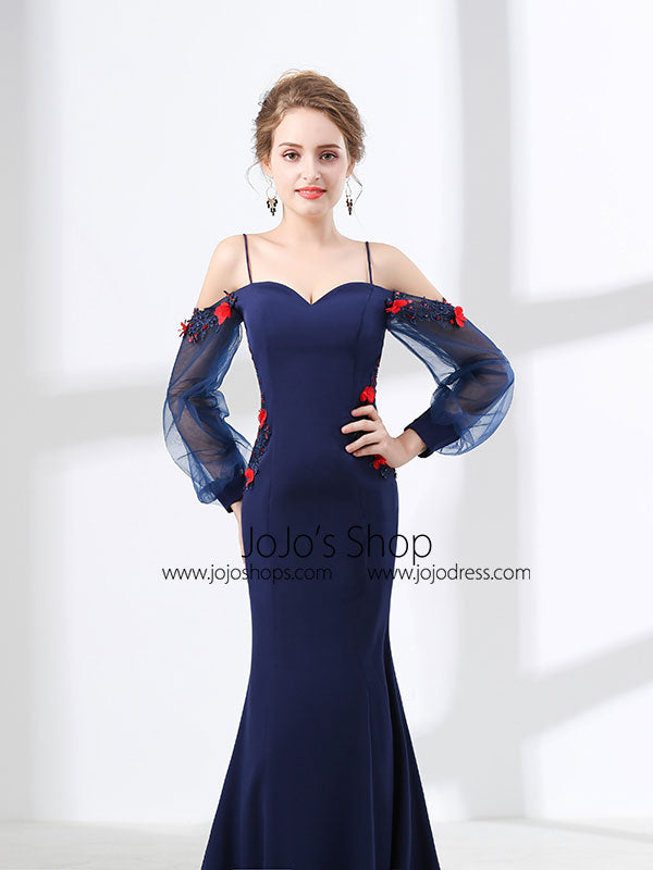 Navy Blue Off Shoulder Mermaid Formal Prom Evening Dress