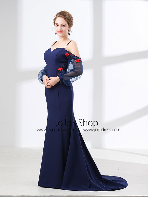 Navy Blue Off Shoulder Mermaid Formal Prom Evening Dress