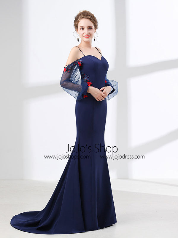 Navy Blue Off Shoulder Mermaid Formal Prom Evening Dress