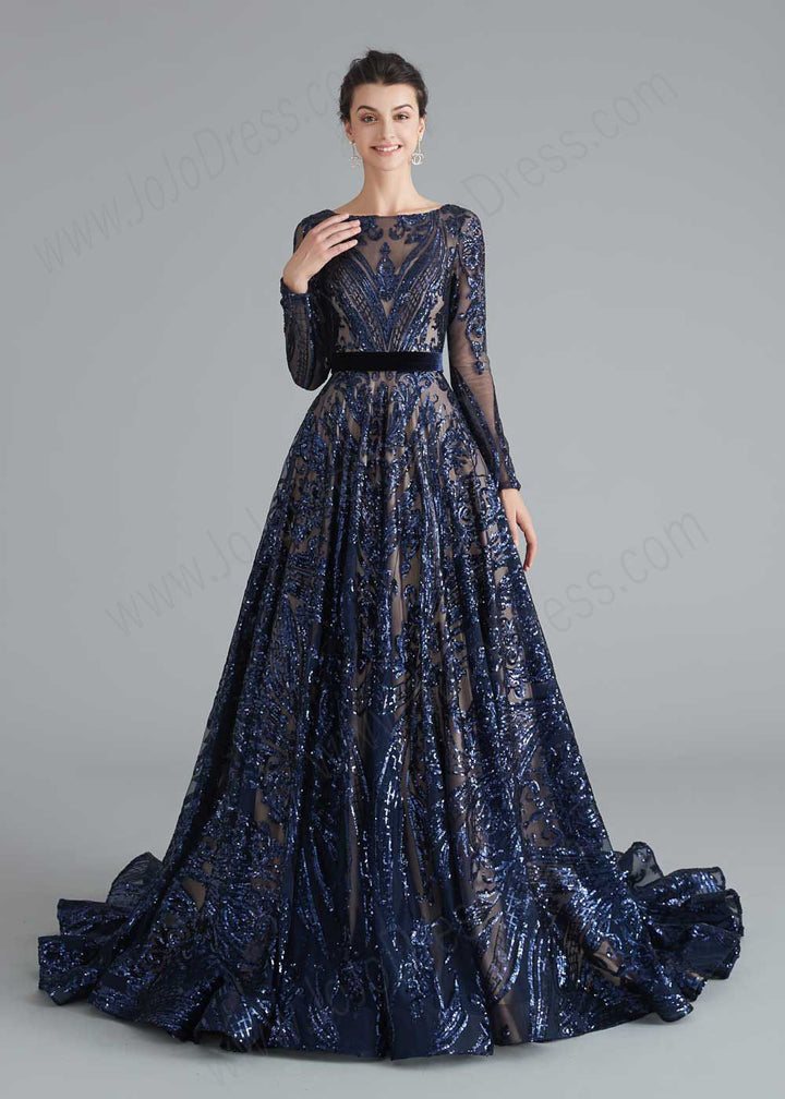 Navy Blue Sequin Shimmery A-line Home Coming Prom Dress
