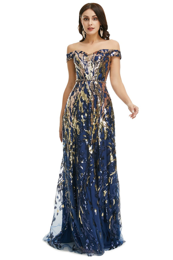 Shimmery Navy Sequins Formal Gala Evening Dress EN5008