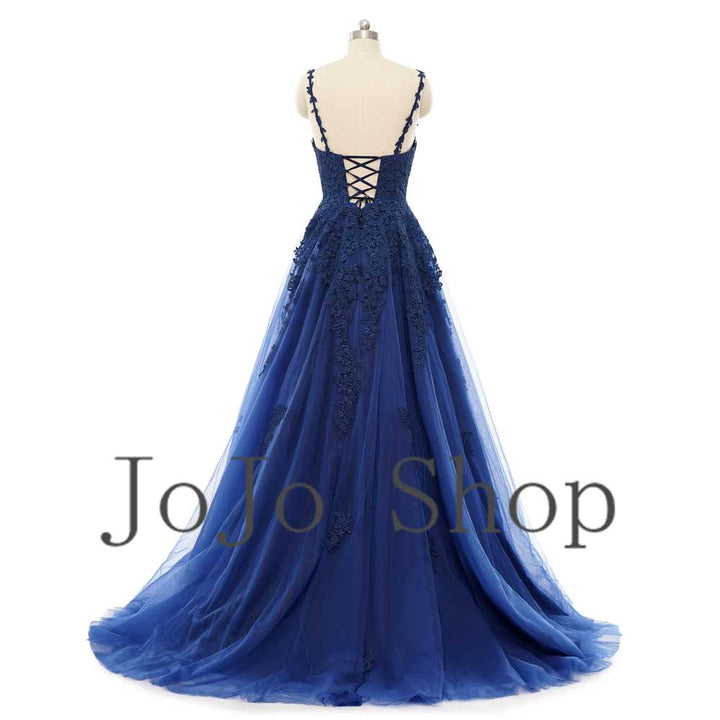 Navy Blue Lace Maxi Prom Evening Dress with Straps EN5501