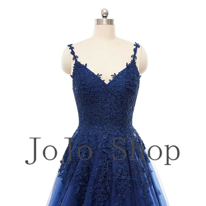 Navy Blue Lace Maxi Prom Evening Dress with Straps EN5501