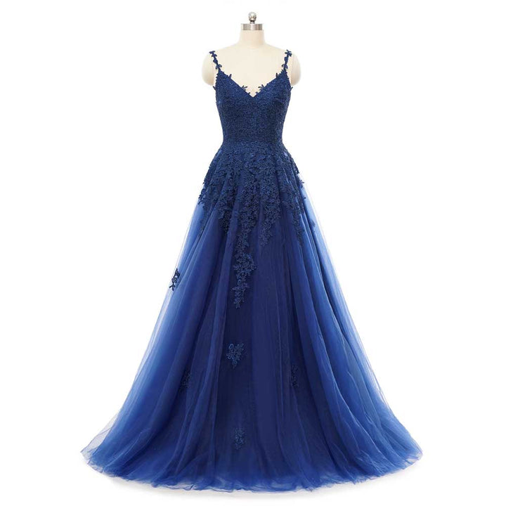 Navy Blue Lace Maxi Prom Evening Dress with Straps EN5501