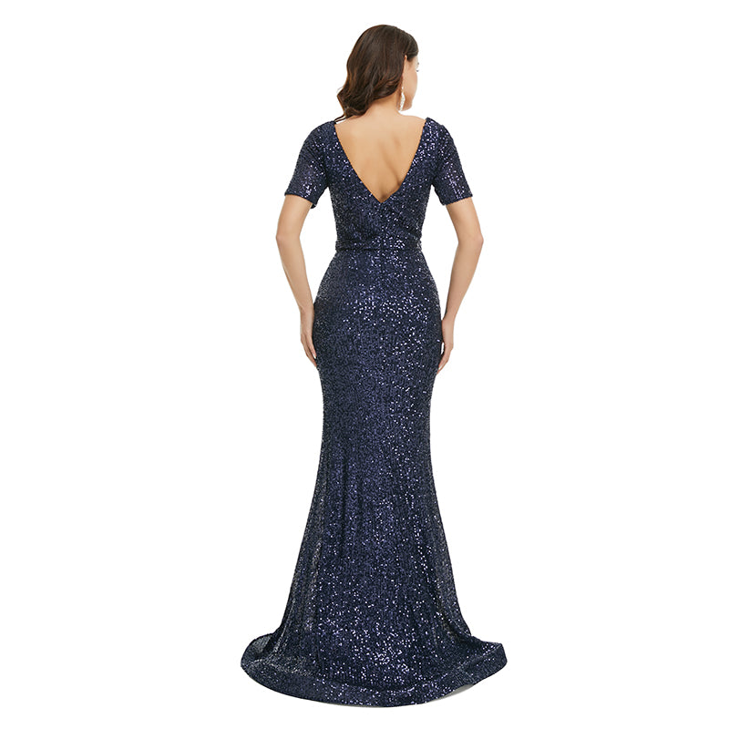Sexy Navy Blue Sparkly Maxi Fitted Formal Evening Dress EN5001